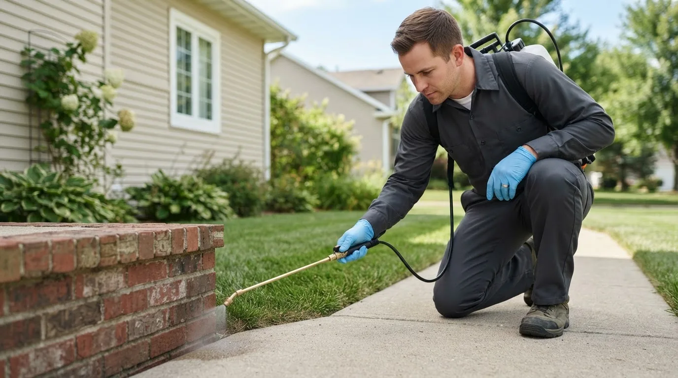 Pest control technician treating a home near Mendon, MO