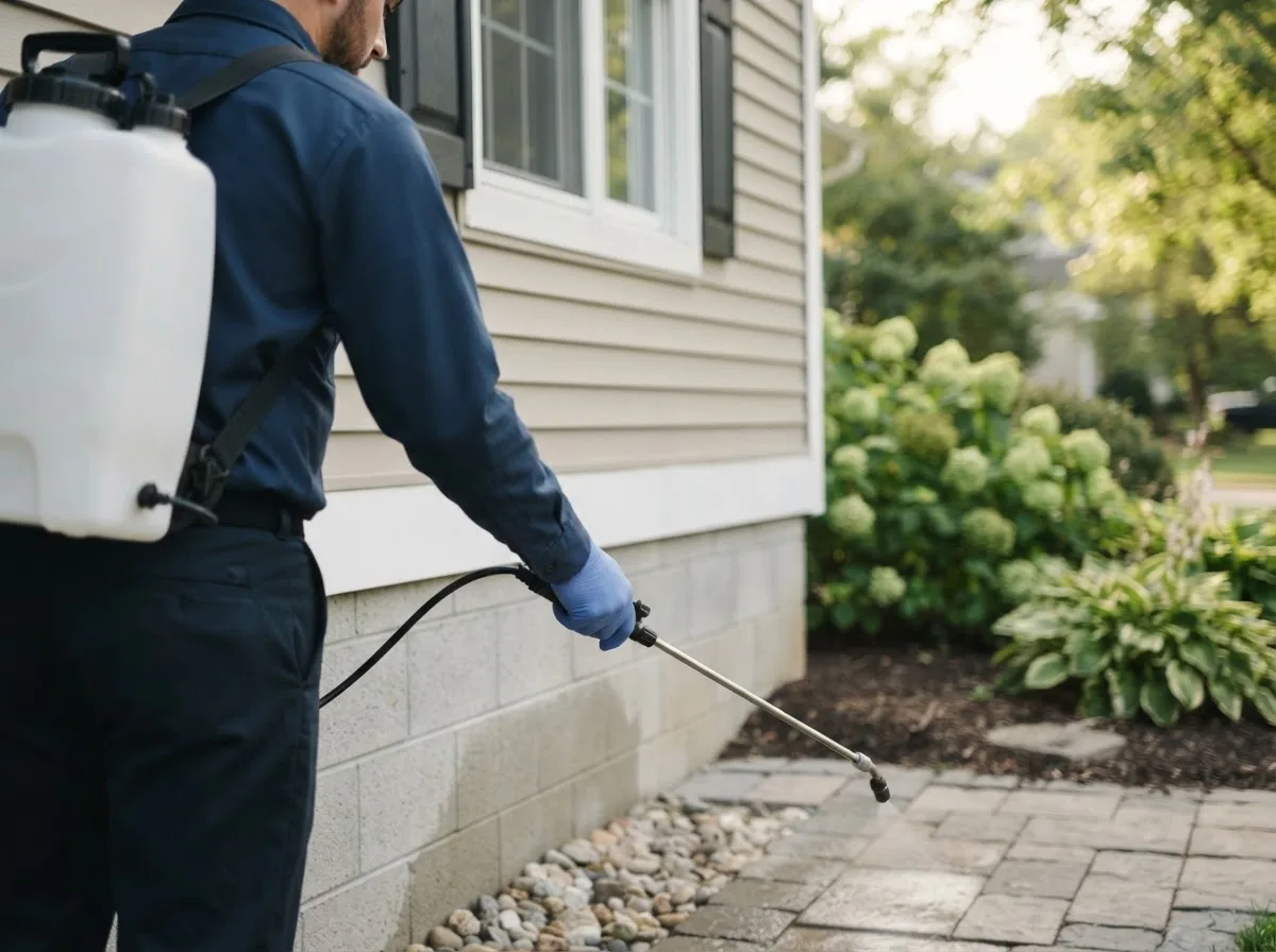 Pest control technician inspecting a home in Mendon, MO